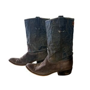 Vintage 70s Texas Steer Cowboy Boots Denim Shaft Suede Leather Made USA Mens 11D